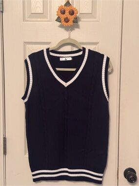 Navy V-Neck Cable Knit Sweater Vest with White Trim